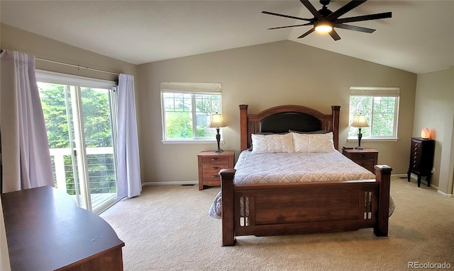 5049 Heatherglen Dr, Highlands Ranch, CO 80130 - bedroom featuring light colored carpet, multiple windows, lofted ceiling, baseboards, and a ceiling fan