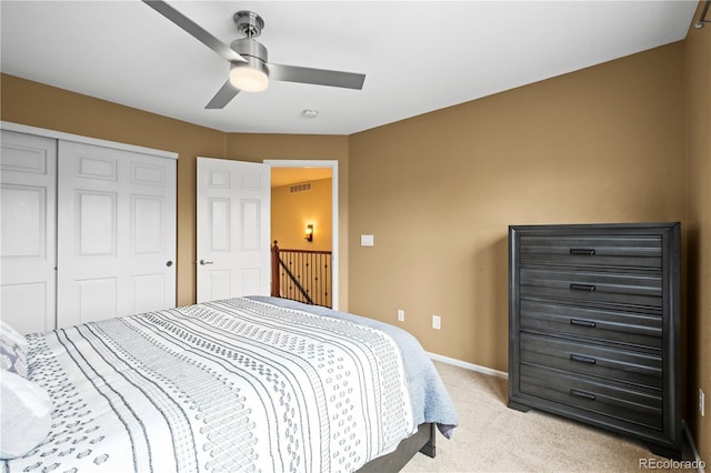 5049 Heatherglen Dr, Highlands Ranch, CO 80130 - bedroom with light carpet, a closet, baseboards, and ceiling fan