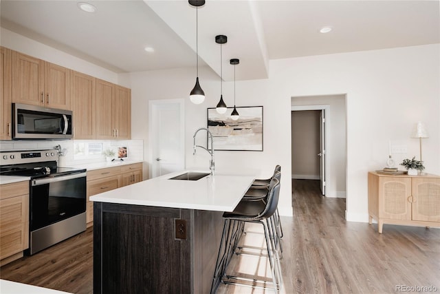 kitchen with a kitchen island with sink, sink, hanging light fixtures, decorative backsplash, and stainless steel appliances