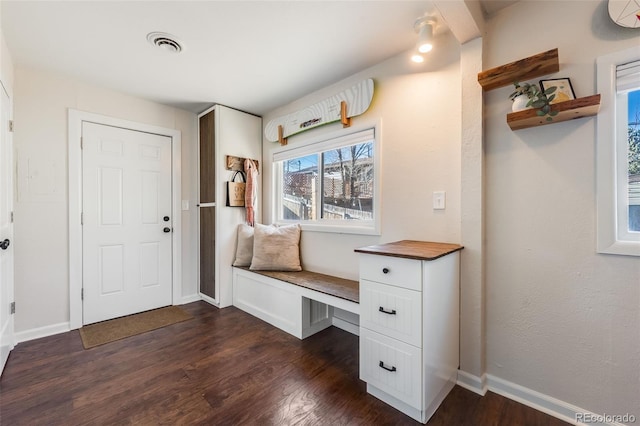 mudroom featuring visible vents, baseboards, and dark wood-type flooring