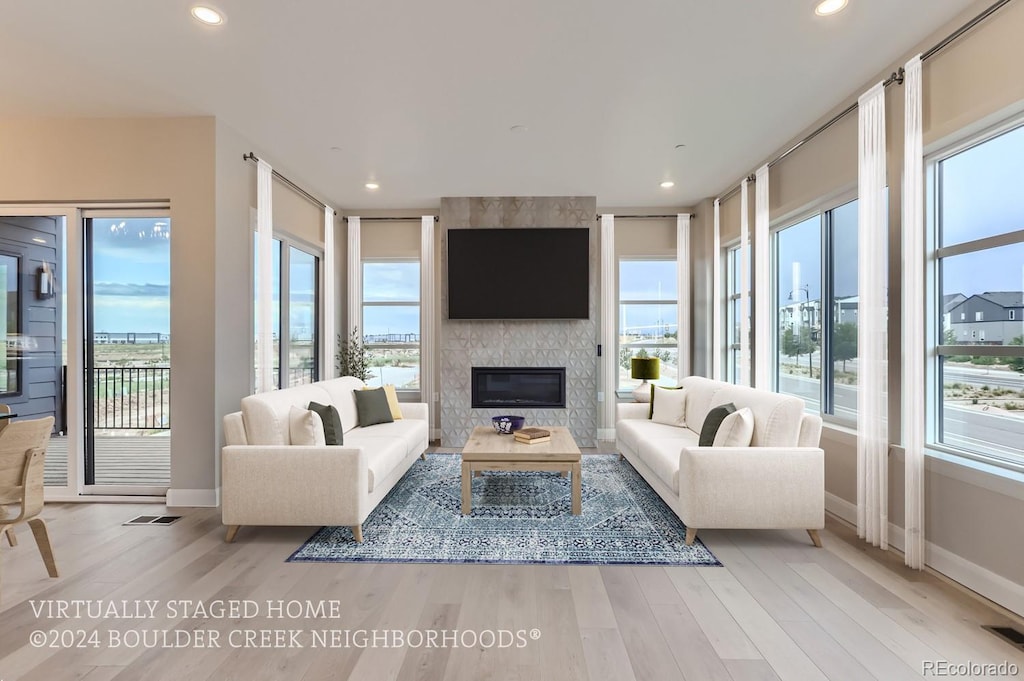 living room featuring light hardwood / wood-style floors and a large fireplace