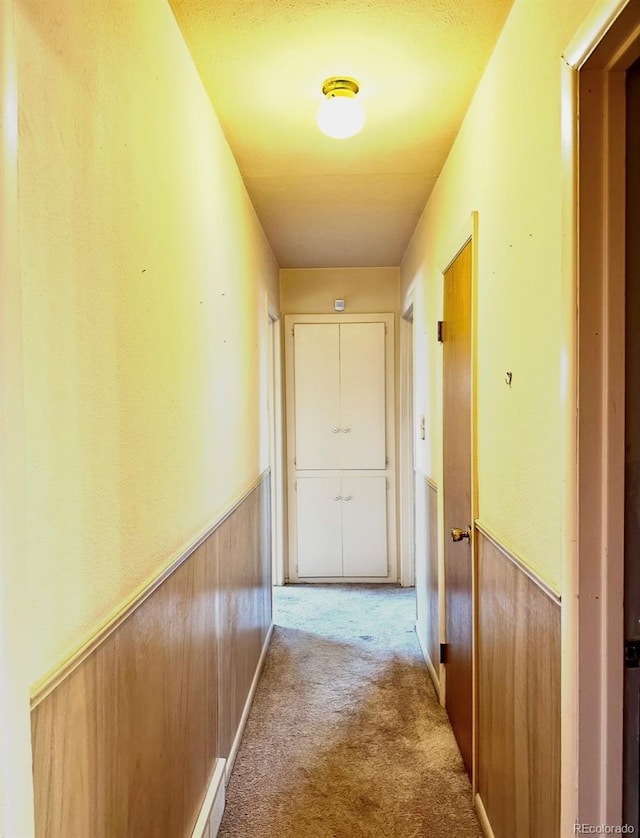 hallway featuring wainscoting, wood walls, and carpet flooring