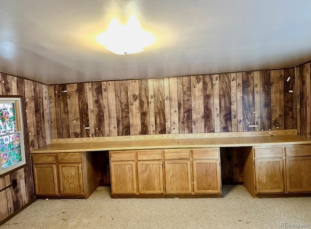 interior space featuring wood walls, built in study area, and light colored carpet