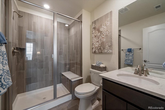 full bath with visible vents, a shower stall, toilet, and vanity