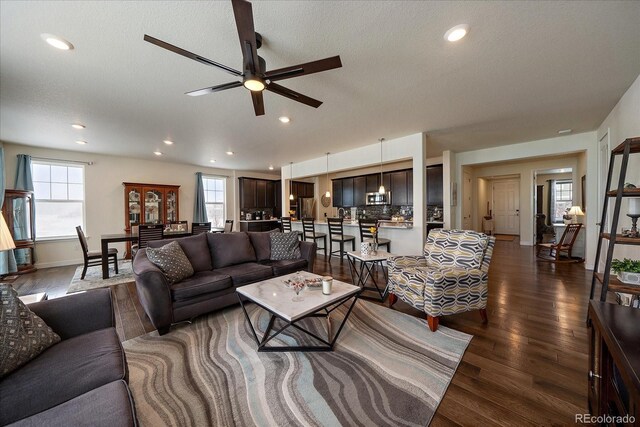 living room with recessed lighting, a healthy amount of sunlight, and dark wood-style flooring