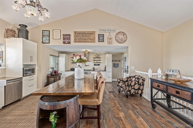 42313 Vista Rdg, Parker, CO 80138 - dining room featuring dark wood finished floors, a chandelier, and high vaulted ceiling