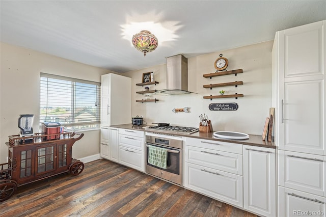 42313 Vista Rdg, Parker, CO 80138 - kitchen featuring ventilation hood, appliances with stainless steel finishes, open shelves, dark wood-style floors, and white cabinetry