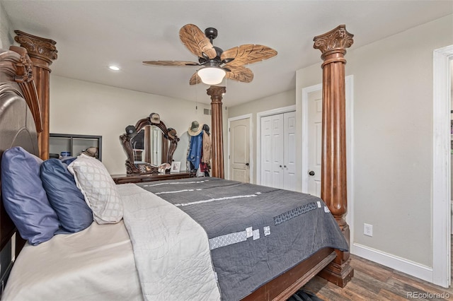 42313 Vista Rdg, Parker, CO 80138 - bedroom with wood finished floors, recessed lighting, ornate columns, and ceiling fan
