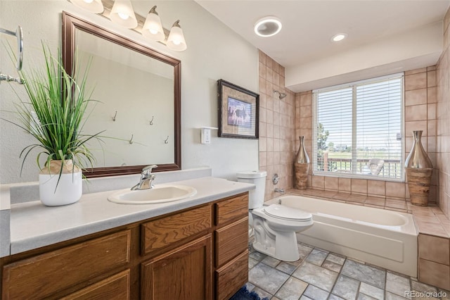 42313 Vista Rdg, Parker, CO 80138 - full bathroom featuring vanity, shower / bathtub combination, and stone finish flooring