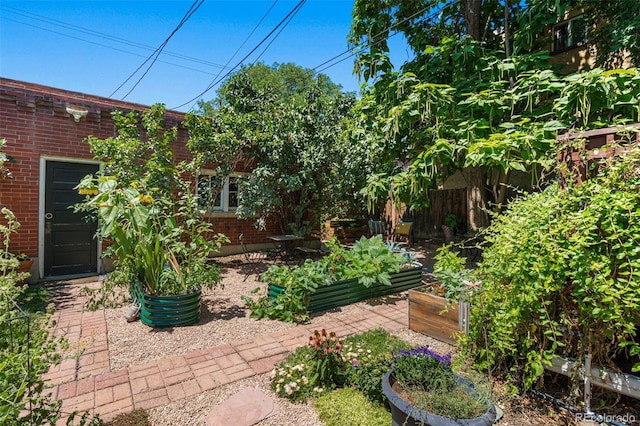 view of patio with fence and a vegetable garden