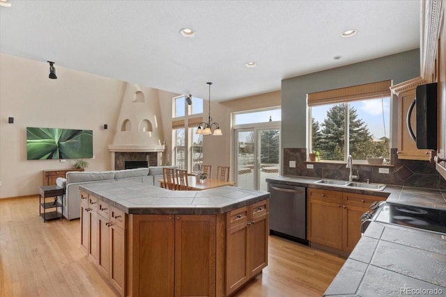 kitchen with stainless steel dishwasher, tile counters, light wood-style flooring, and a sink