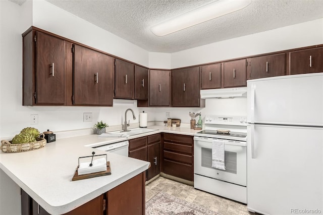 kitchen with kitchen peninsula, sink, white appliances, dark brown cabinets, and a textured ceiling