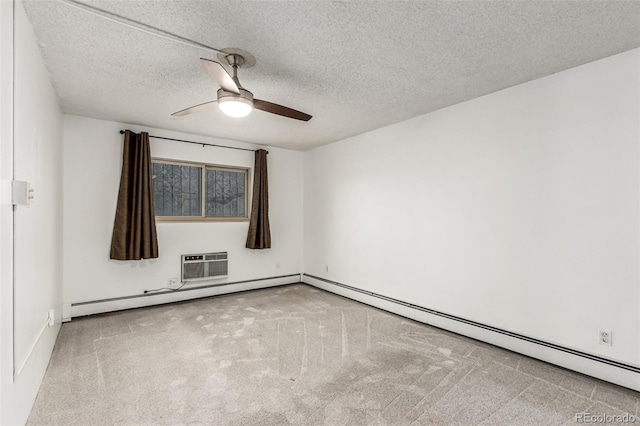 carpeted empty room with ceiling fan, a wall mounted AC, and a textured ceiling