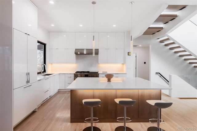 kitchen with white cabinetry, stainless steel stove, and a kitchen island