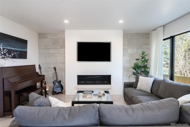 living room featuring a large fireplace and light parquet flooring