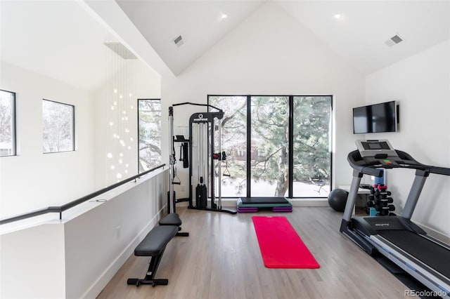 exercise area with high vaulted ceiling and light hardwood / wood-style flooring