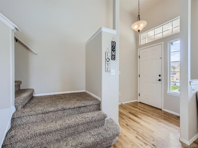 foyer featuring hardwood / wood-style flooring and a high ceiling