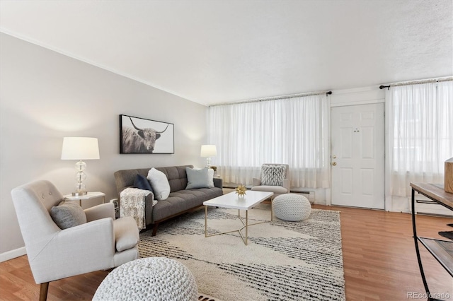 living area with a baseboard heating unit, wood finished floors, and baseboards