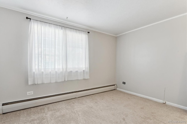 carpeted spare room featuring crown molding, a baseboard radiator, and a healthy amount of sunlight