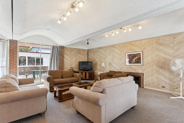 carpeted living area with vaulted ceiling, a fireplace, a textured ceiling, and track lighting