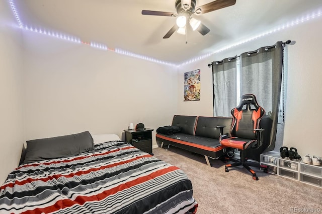 carpeted bedroom featuring ceiling fan