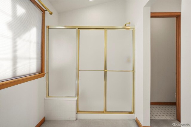 bathroom featuring lofted ceiling and a shower with shower door