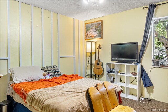 carpeted bedroom with a textured ceiling