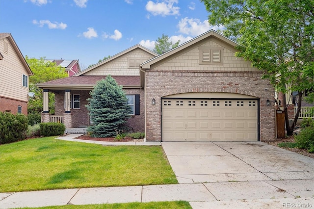 21063 E Greenwood Pl, Aurora, CO 80013 - view of front of home with brick siding, concrete driveway, a front lawn, an attached garage, and a porch