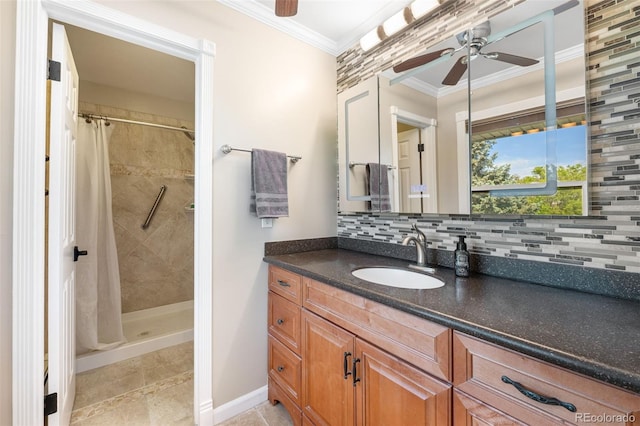 6150 Reed St, Arvada, CO 80003 - full bathroom with ceiling fan, vanity, a tile shower, decorative backsplash, and tile patterned floors
