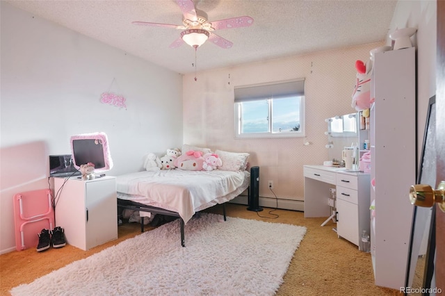 bedroom featuring a textured ceiling, a ceiling fan, and wallpapered walls