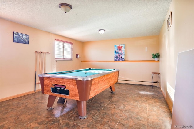 game room with a baseboard radiator, billiards, baseboards, and a textured ceiling