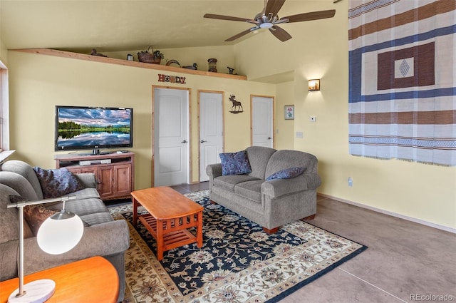 carpeted living room featuring vaulted ceiling and ceiling fan