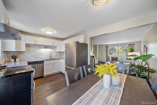 kitchen with appliances with stainless steel finishes, under cabinet range hood, dark wood-style floors, a sink, and white cabinets