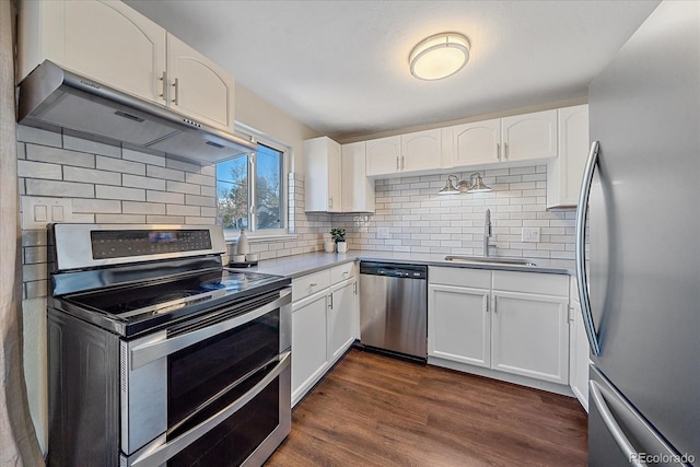 kitchen with stainless steel appliances, a sink, under cabinet range hood, white cabinets, and tasteful backsplash