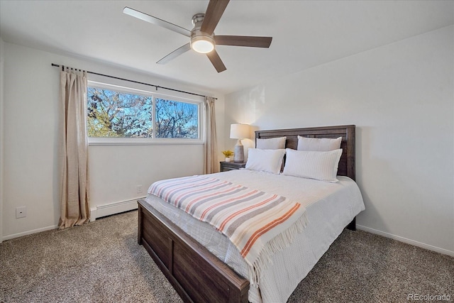 carpeted bedroom featuring a baseboard heating unit, baseboards, and a ceiling fan