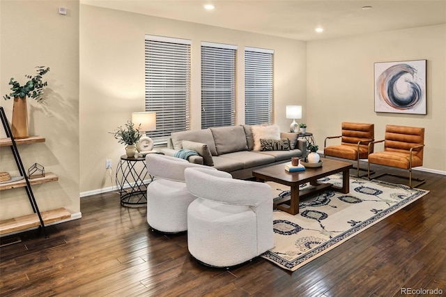 living room with dark hardwood / wood-style flooring