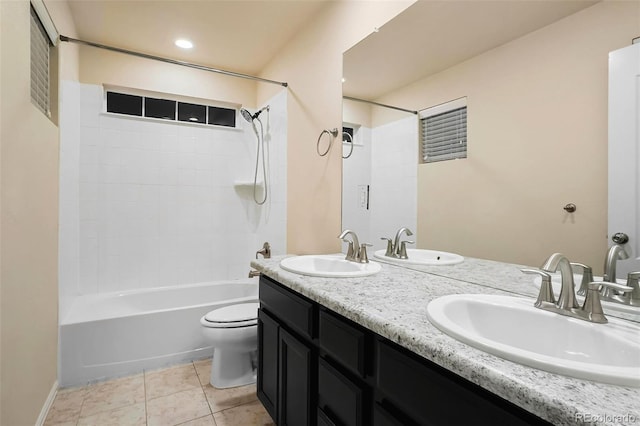 full bathroom with toilet, shower / bathing tub combination, tile patterned floors, and vanity