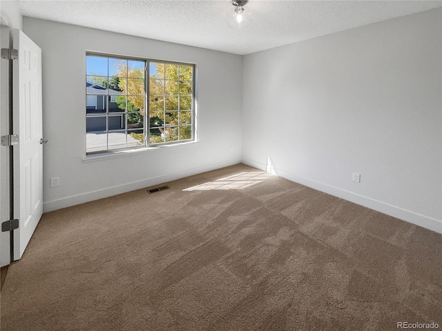 unfurnished room featuring a textured ceiling and carpet flooring