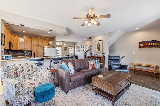 133 Creek Ln, Silverthorne, CO 80498 - living room with stairs, light wood-type flooring, ceiling fan, and recessed lighting