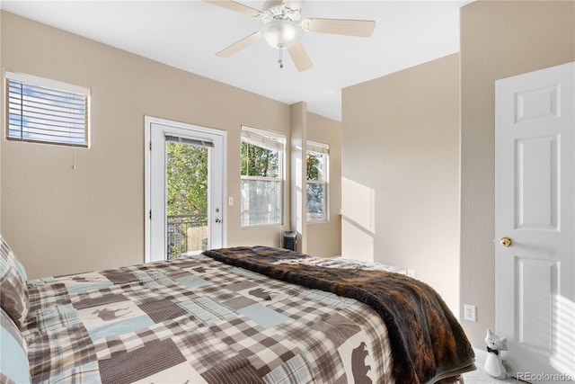 bedroom with ceiling fan and access to exterior