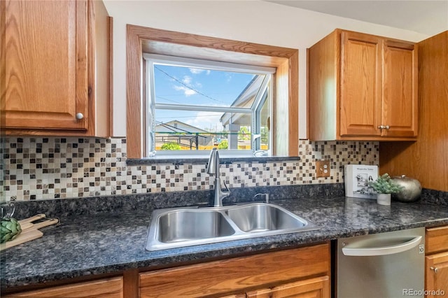 5593 E Center Ave, Denver, CO 80246 - kitchen with a sink, stainless steel dishwasher, tasteful backsplash, and brown cabinets