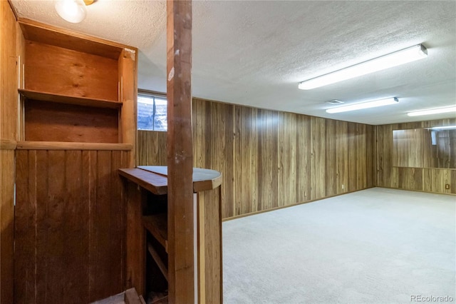 5593 E Center Ave, Denver, CO 80246 - finished basement featuring a textured ceiling, wood walls, and carpet floors