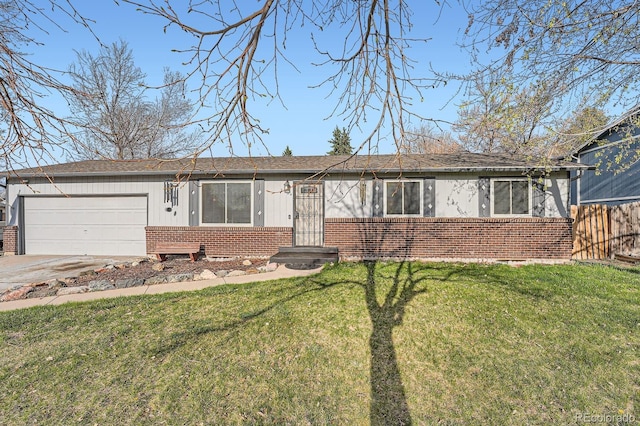 ranch-style house featuring concrete driveway, brick siding, an attached garage, and a front yard