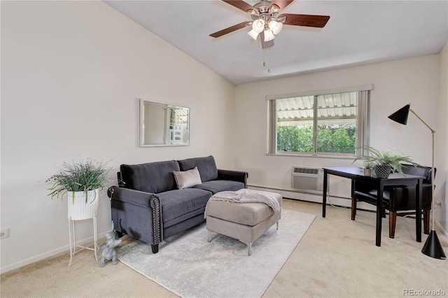carpeted living room featuring ceiling fan, lofted ceiling, and baseboards