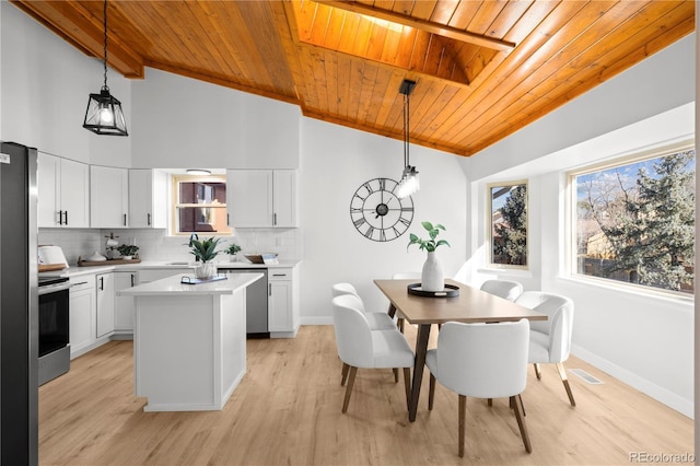 kitchen featuring white cabinets, hanging light fixtures, and wood ceiling