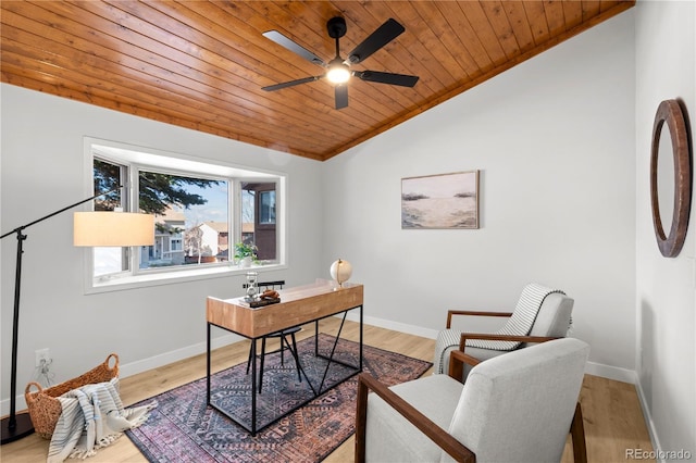 office space featuring ceiling fan, wooden ceiling, light hardwood / wood-style flooring, and vaulted ceiling