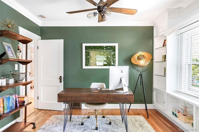 1767 S Sherman St, Denver, CO 80210 - home office featuring ornamental molding, a ceiling fan, and wood finished floors