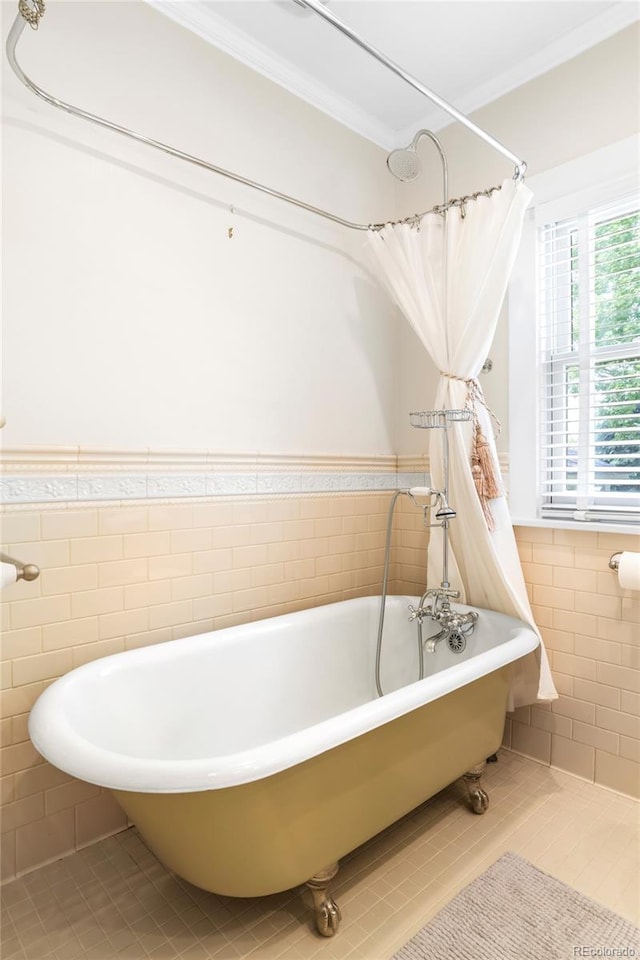 1767 S Sherman St, Denver, CO 80210 - full bath featuring tile walls, tile patterned floors, a freestanding tub, a wainscoted wall, and ornamental molding