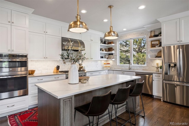 6175 Puma Sands, Lone Tree, CO 80124 - kitchen featuring appliances with stainless steel finishes, open shelves, backsplash, a sink, and recessed lighting