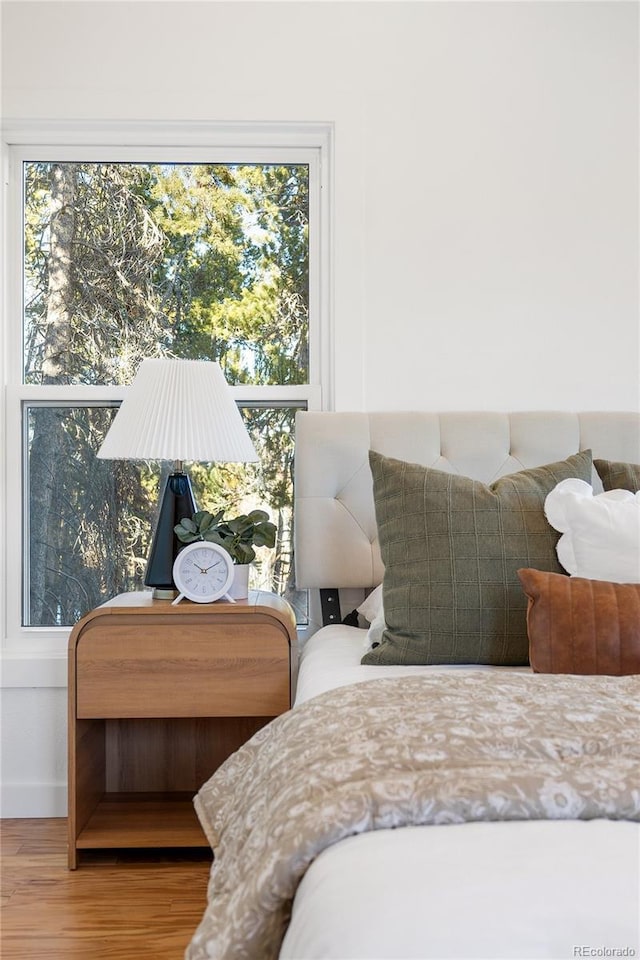 bedroom featuring wood-type flooring and multiple windows